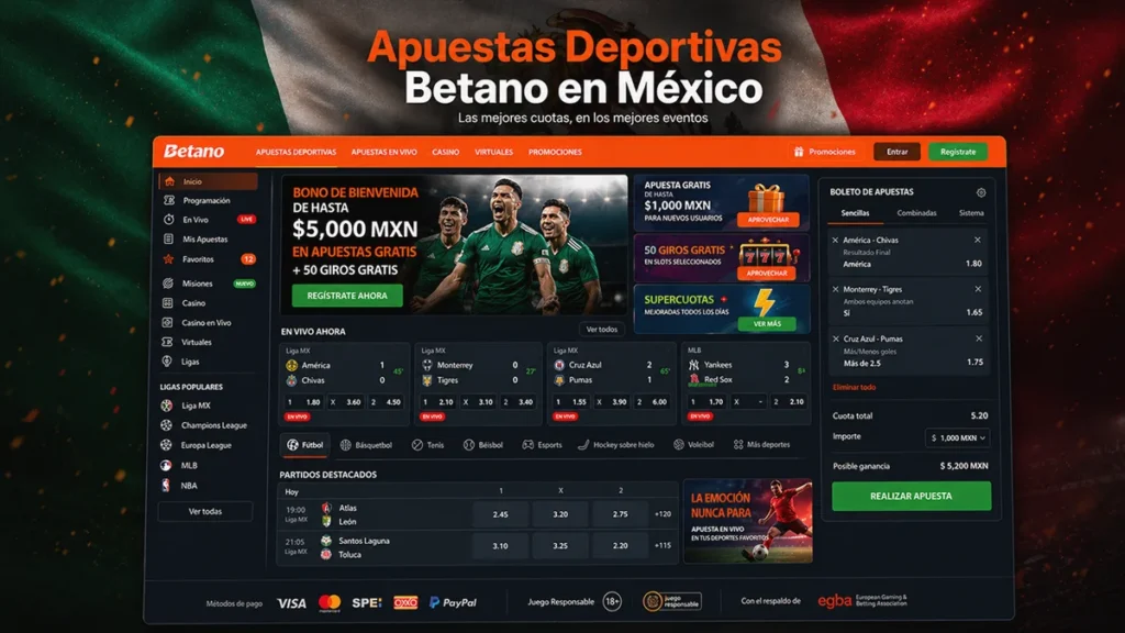 Interfaz de apuestas deportivas Betano en México