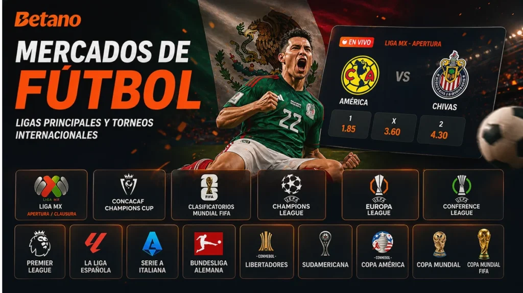 Mercados de fútbol en Betano México y ligas disponibles